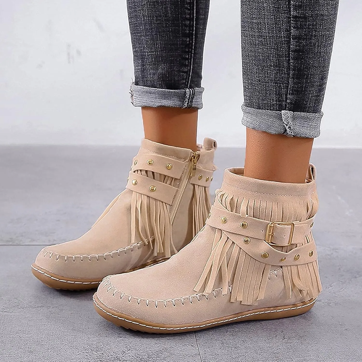 Fashion Winter Boots for Women Round Toe Suede Falt Ankle Boots Stylish Tassel Booties Comfy Slip Ons Short Boots with Adjustable Buckle Strap Fashion Casual Party Outdoor Travel Shoes