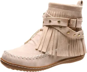 Fashion Winter Boots for Women Round Toe Suede Falt Ankle Boots Stylish Tassel Booties Comfy Slip Ons Short Boots with Adjustable Buckle Strap Fashion Casual Party Outdoor Travel Shoes