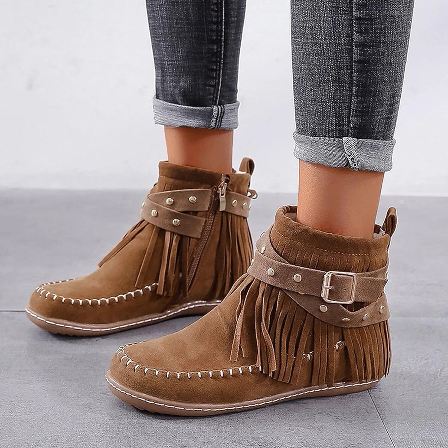 Fashion Winter Boots for Women Round Toe Suede Falt Ankle Boots Stylish Tassel Booties Comfy Slip Ons Short Boots with Adjustable Buckle Strap Fashion Casual Party Outdoor Travel Shoes