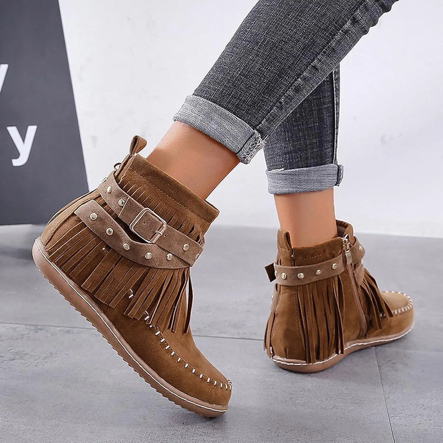 Fashion Winter Boots for Women Round Toe Suede Falt Ankle Boots Stylish Tassel Booties Comfy Slip Ons Short Boots with Adjustable Buckle Strap Fashion Casual Party Outdoor Travel Shoes