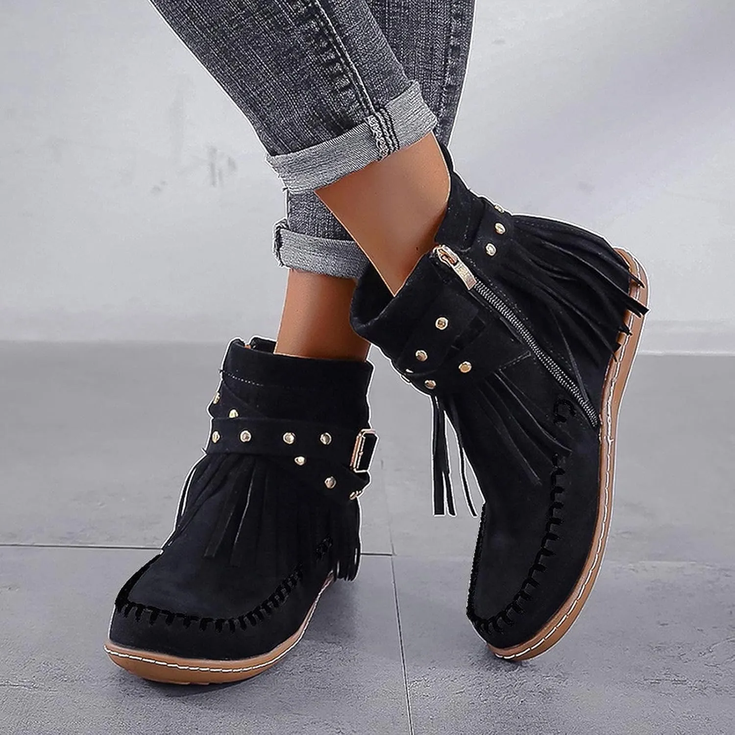 Fashion Winter Boots for Women Round Toe Suede Falt Ankle Boots Stylish Tassel Booties Comfy Slip Ons Short Boots with Adjustable Buckle Strap Fashion Casual Party Outdoor Travel Shoes