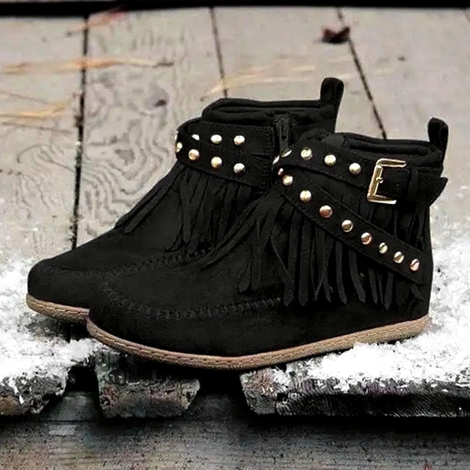 Fashion Winter Boots for Women Round Toe Suede Falt Ankle Boots Stylish Tassel Booties Comfy Slip Ons Short Boots with Adjustable Buckle Strap Fashion Casual Party Outdoor Travel Shoes