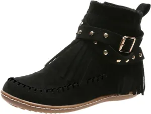 Fashion Winter Boots for Women Round Toe Suede Falt Ankle Boots Stylish Tassel Booties Comfy Slip Ons Short Boots with Adjustable Buckle Strap Fashion Casual Party Outdoor Travel Shoes