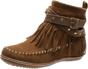 Fashion Winter Boots for Women Round Toe Suede Falt Ankle Boots Stylish Tassel Booties Comfy Slip Ons Short Boots with Adjustable Buckle Strap Fashion Casual Party Outdoor Travel Shoes