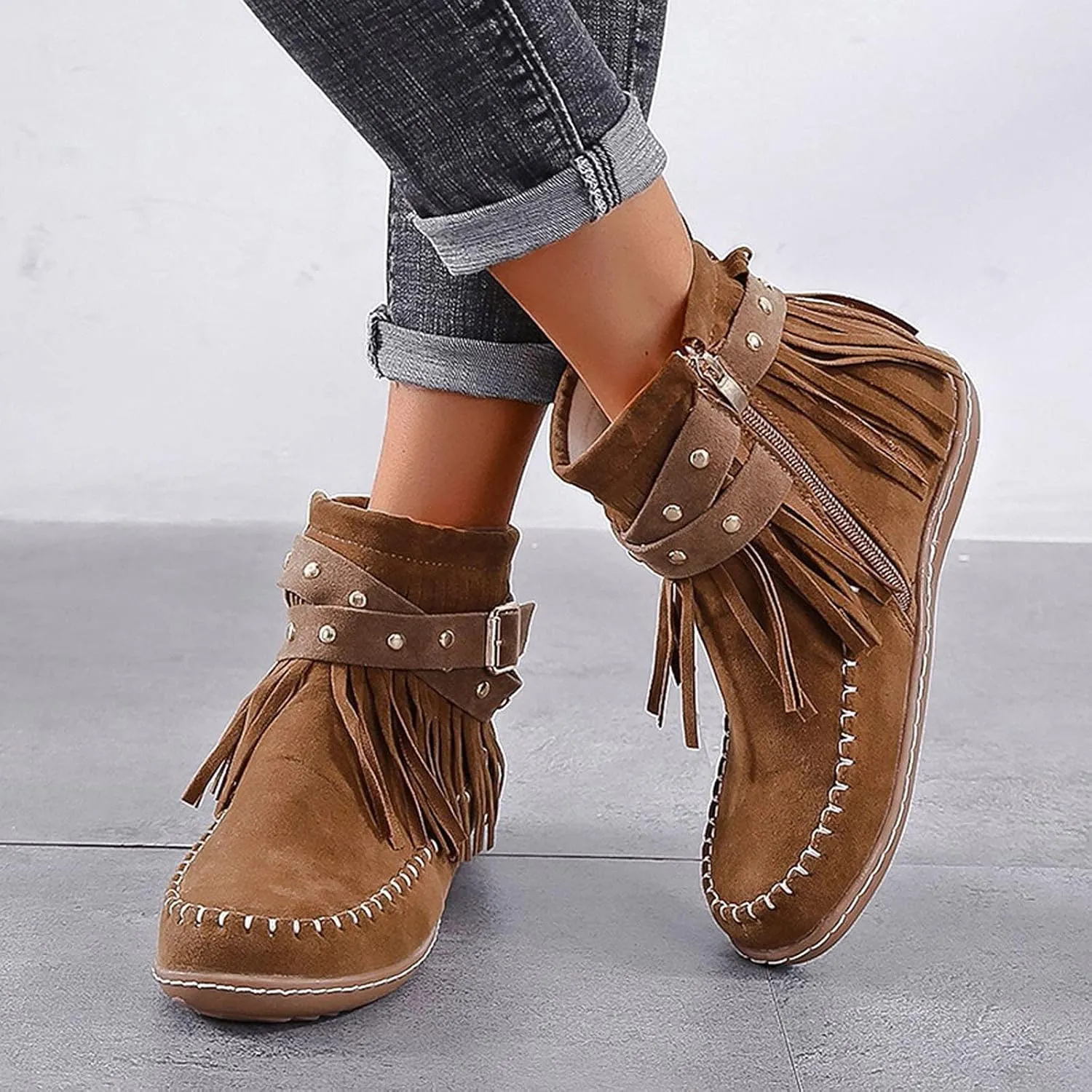 Fashion Winter Boots for Women Round Toe Suede Falt Ankle Boots Stylish Tassel Booties Comfy Slip Ons Short Boots with Adjustable Buckle Strap Fashion Casual Party Outdoor Travel Shoes