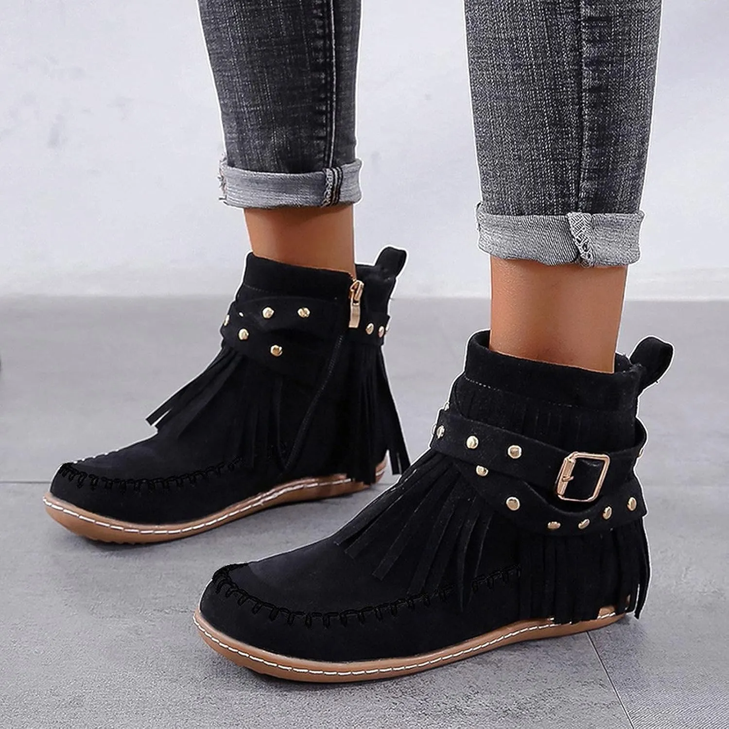 Fashion Winter Boots for Women Round Toe Suede Falt Ankle Boots Stylish Tassel Booties Comfy Slip Ons Short Boots with Adjustable Buckle Strap Fashion Casual Party Outdoor Travel Shoes