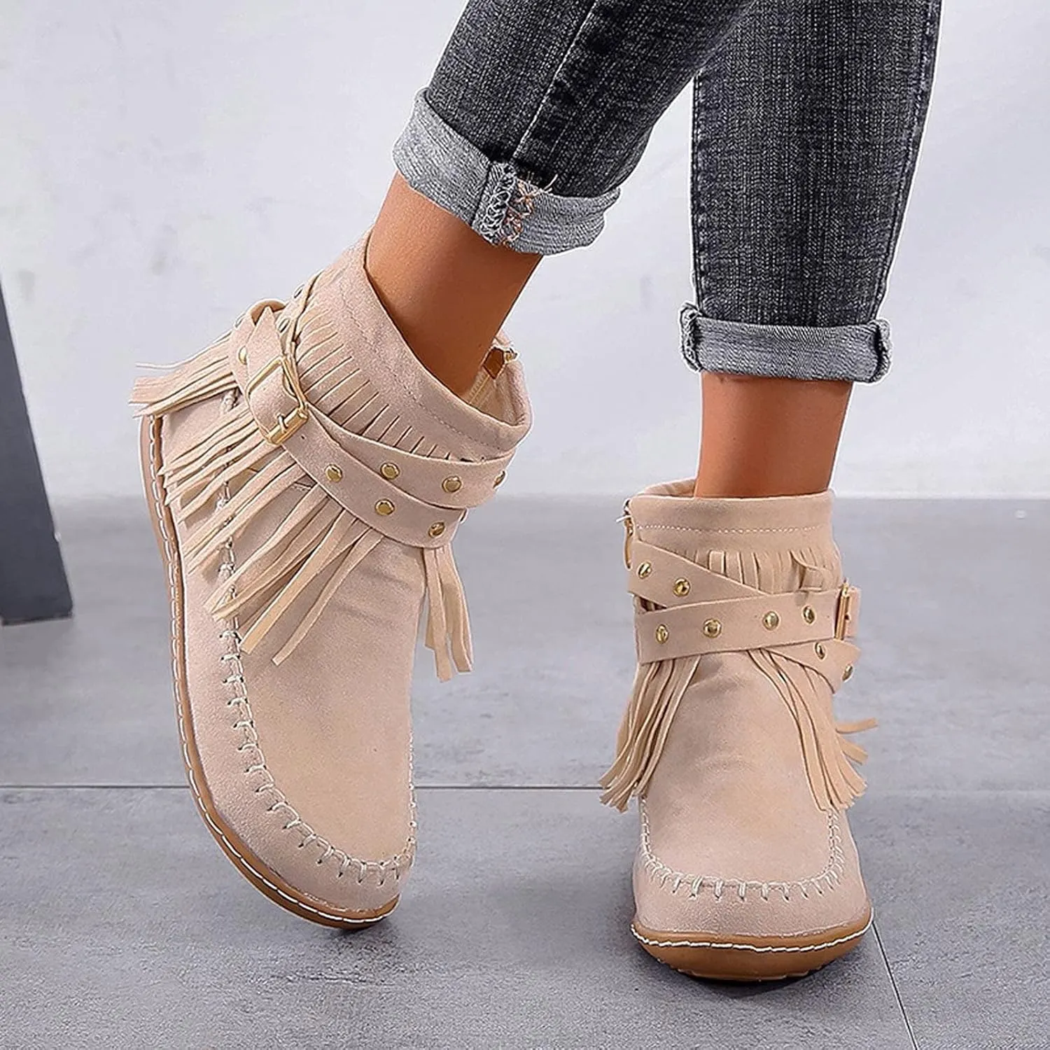 Fashion Winter Boots for Women Round Toe Suede Falt Ankle Boots Stylish Tassel Booties Comfy Slip Ons Short Boots with Adjustable Buckle Strap Fashion Casual Party Outdoor Travel Shoes
