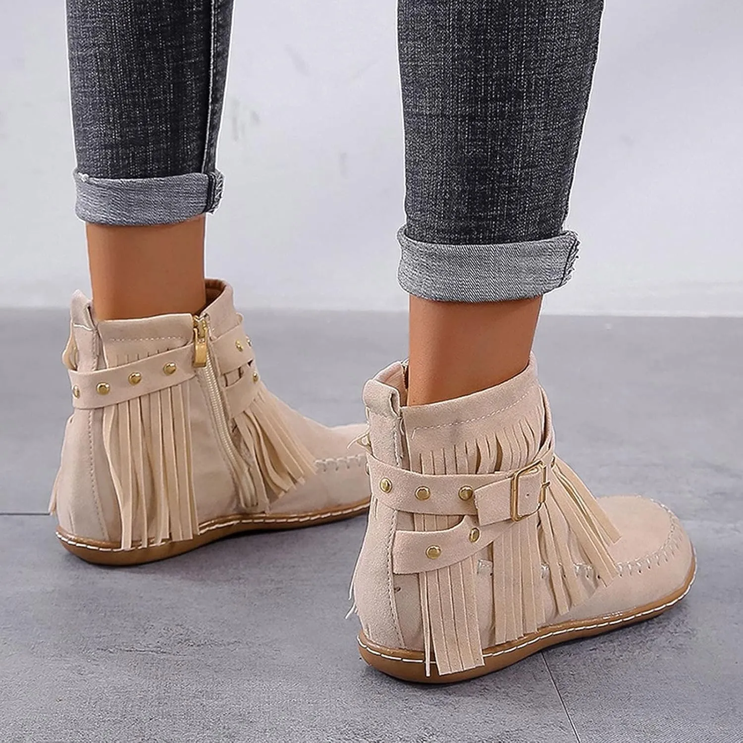 Fashion Winter Boots for Women Round Toe Suede Falt Ankle Boots Stylish Tassel Booties Comfy Slip Ons Short Boots with Adjustable Buckle Strap Fashion Casual Party Outdoor Travel Shoes