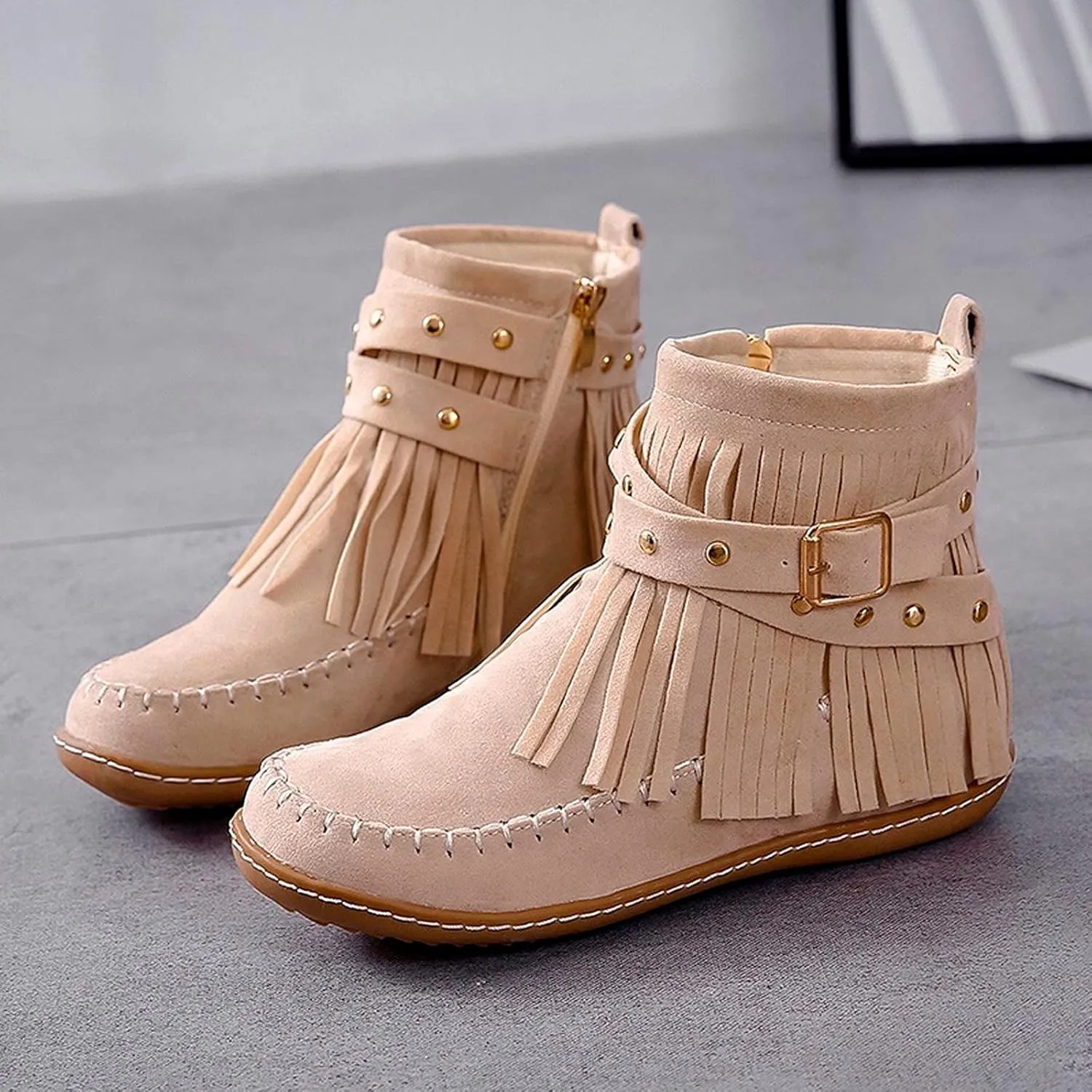 Fashion Winter Boots for Women Round Toe Suede Falt Ankle Boots Stylish Tassel Booties Comfy Slip Ons Short Boots with Adjustable Buckle Strap Fashion Casual Party Outdoor Travel Shoes
