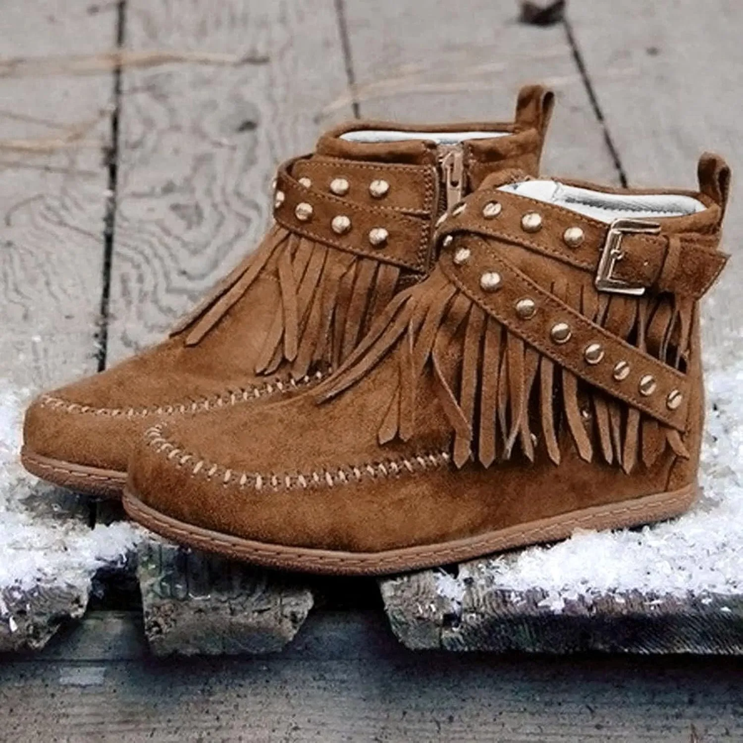 Fashion Winter Boots for Women Round Toe Suede Falt Ankle Boots Stylish Tassel Booties Comfy Slip Ons Short Boots with Adjustable Buckle Strap Fashion Casual Party Outdoor Travel Shoes