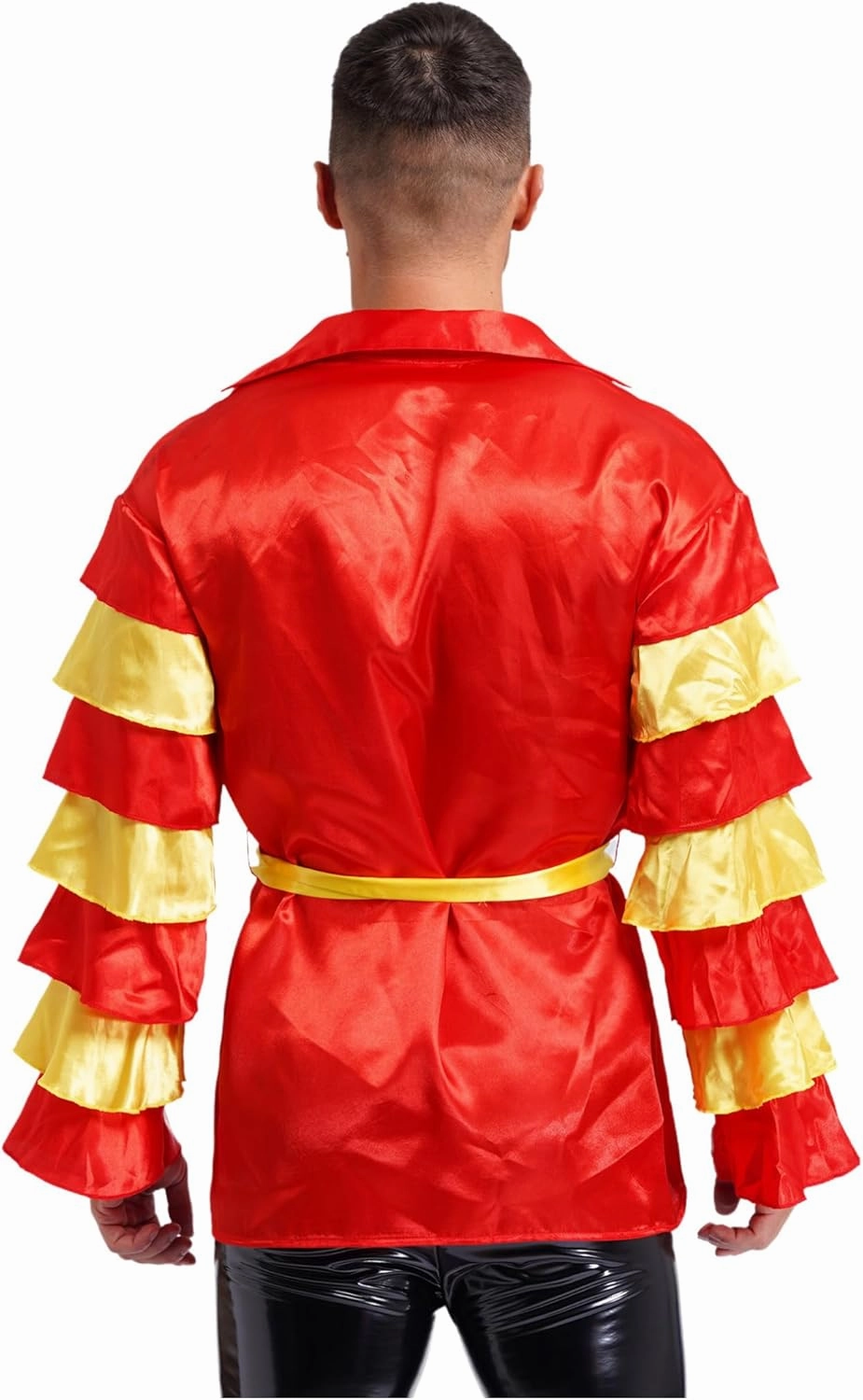 FEESHOW Men Dance Shirts Tiered Flare Sleeve Shirt Tops with Belt Rumba Samba Salsa Dance Costume