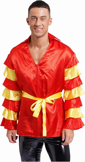 FEESHOW Men Dance Shirts Tiered Flare Sleeve Shirt Tops with Belt Rumba Samba Salsa Dance Costume