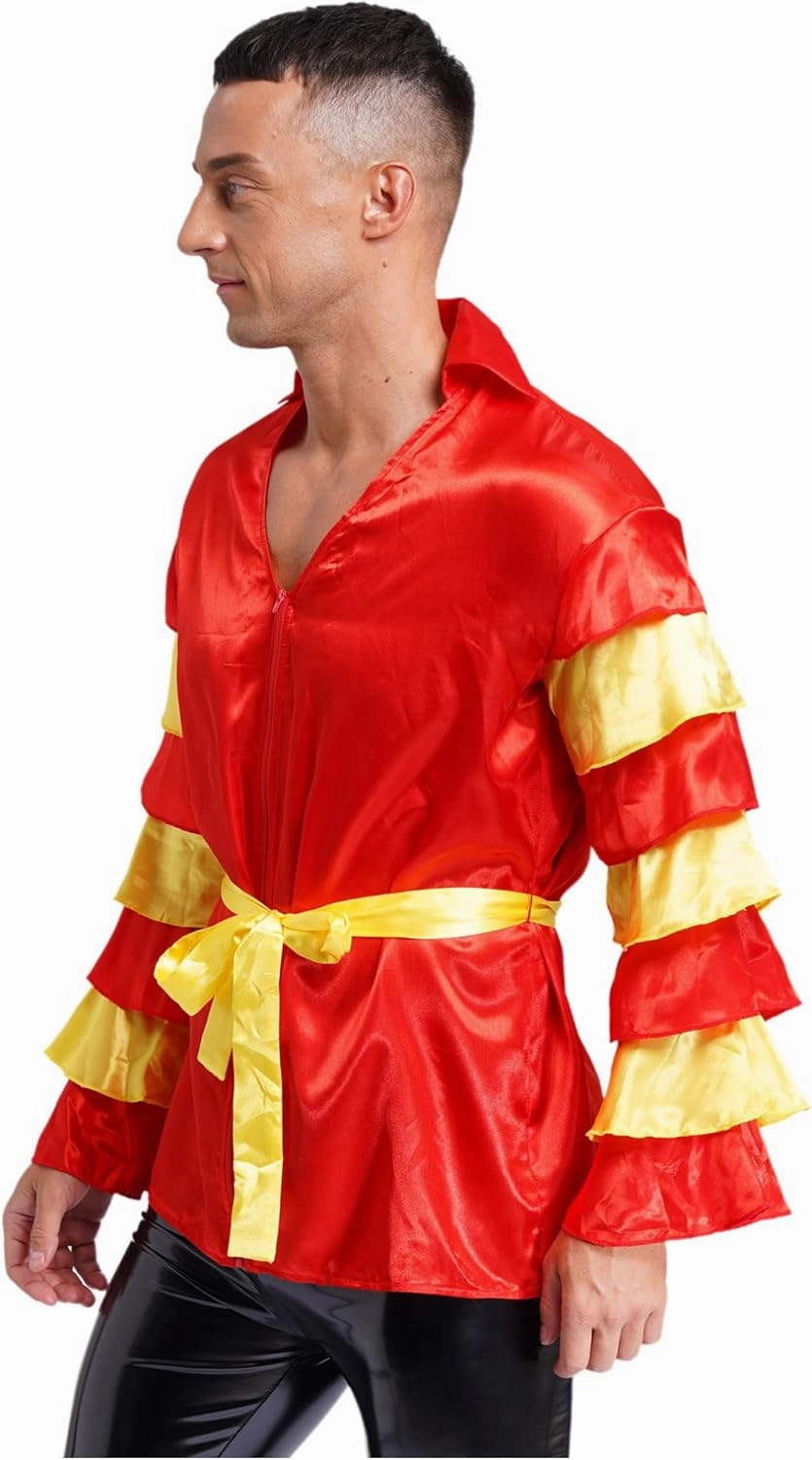 FEESHOW Men Dance Shirts Tiered Flare Sleeve Shirt Tops with Belt Rumba Samba Salsa Dance Costume