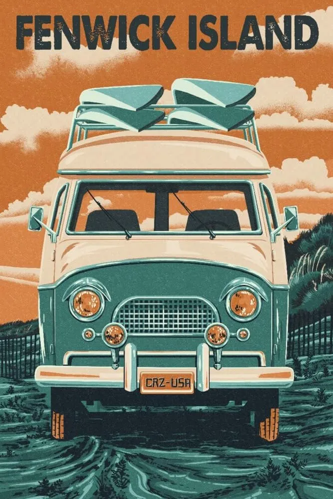 Fenwick Island, Delaware, Letterpress, Camper Van, (24x36 Wrapped Canvas, Wall Decor, Artwork)