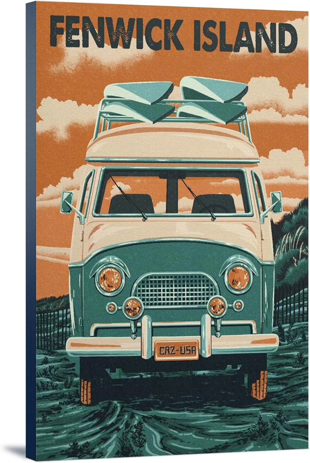Fenwick Island, Delaware, Letterpress, Camper Van, (24x36 Wrapped Canvas, Wall Decor, Artwork)