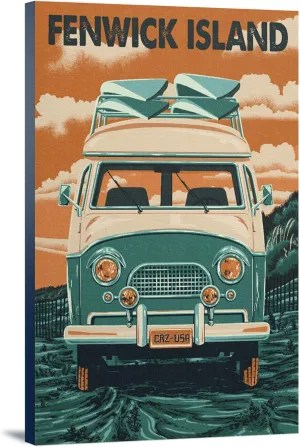 Fenwick Island, Delaware, Letterpress, Camper Van, (24x36 Wrapped Canvas, Wall Decor, Artwork)