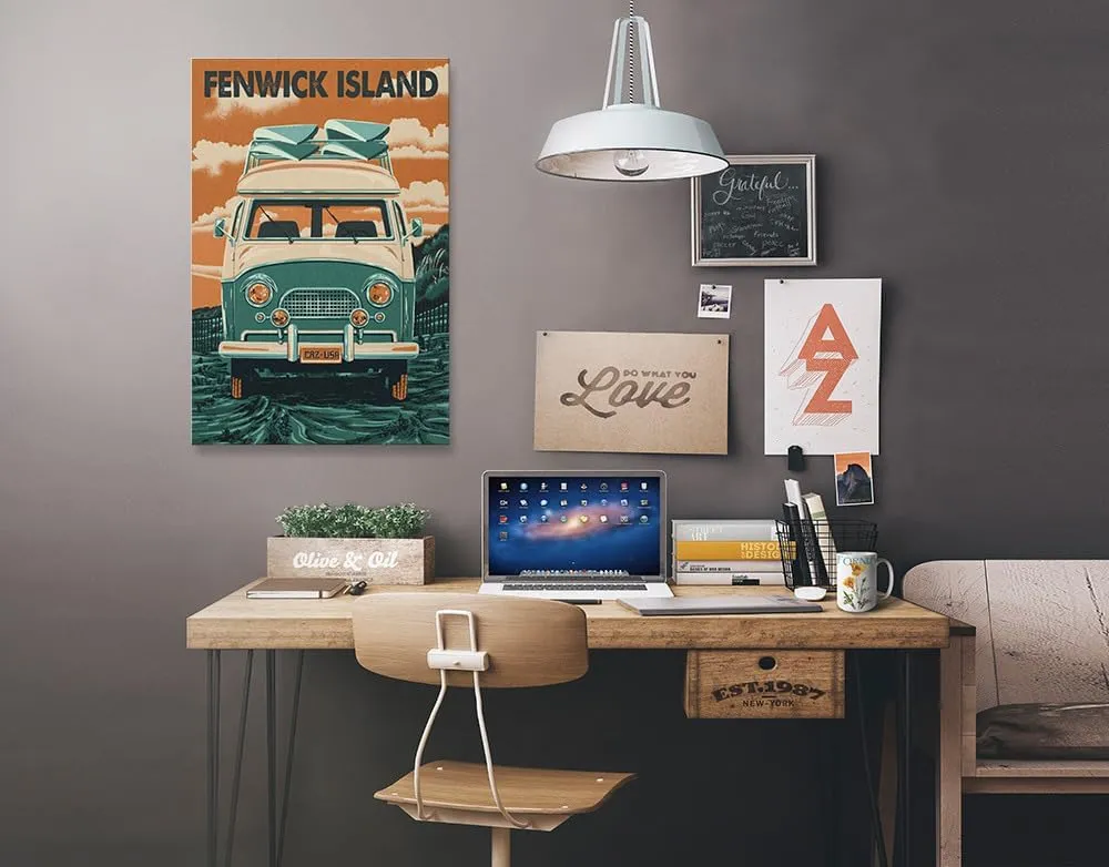 Fenwick Island, Delaware, Letterpress, Camper Van, (24x36 Wrapped Canvas, Wall Decor, Artwork)