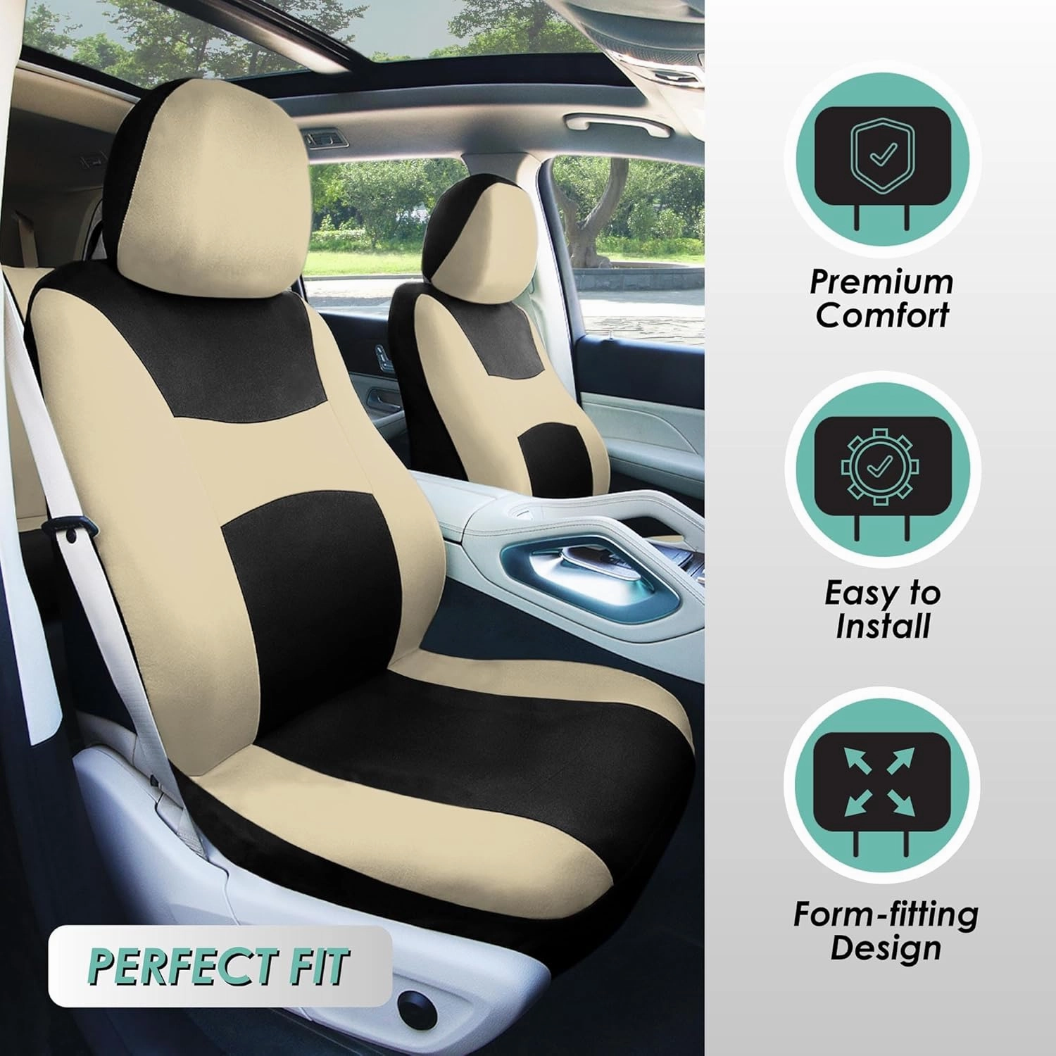 FH Group Car Seat Covers Front Set Cloth - SeatCovers for Low Back Car Seats with Removable Headrest,Universal Fit,Automotive SeatCover,Airbag Compatible Car SeatCover for SUV,Sedan,Van Beige