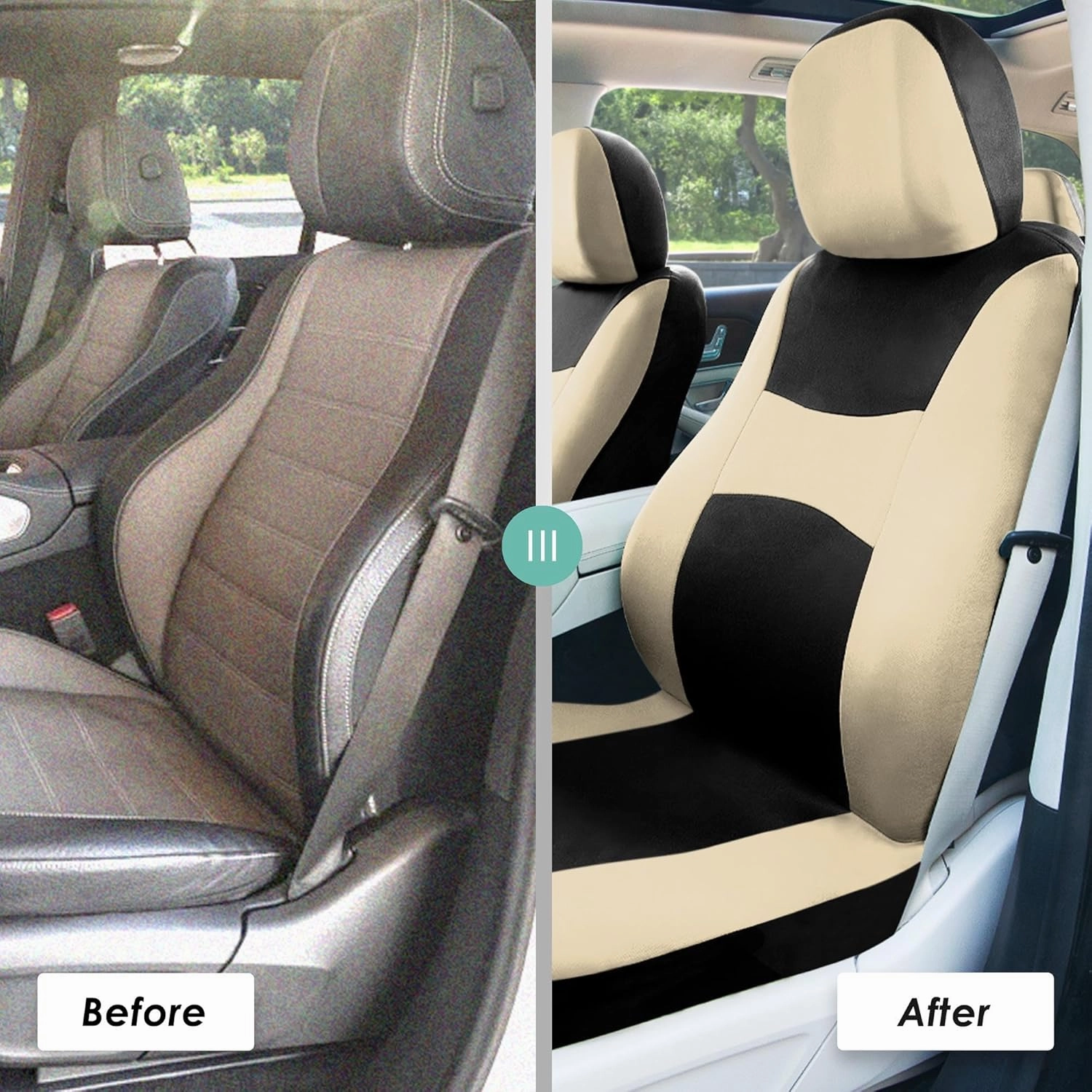 FH Group Car Seat Covers Front Set Cloth - SeatCovers for Low Back Car Seats with Removable Headrest,Universal Fit,Automotive SeatCover,Airbag Compatible Car SeatCover for SUV,Sedan,Van Beige