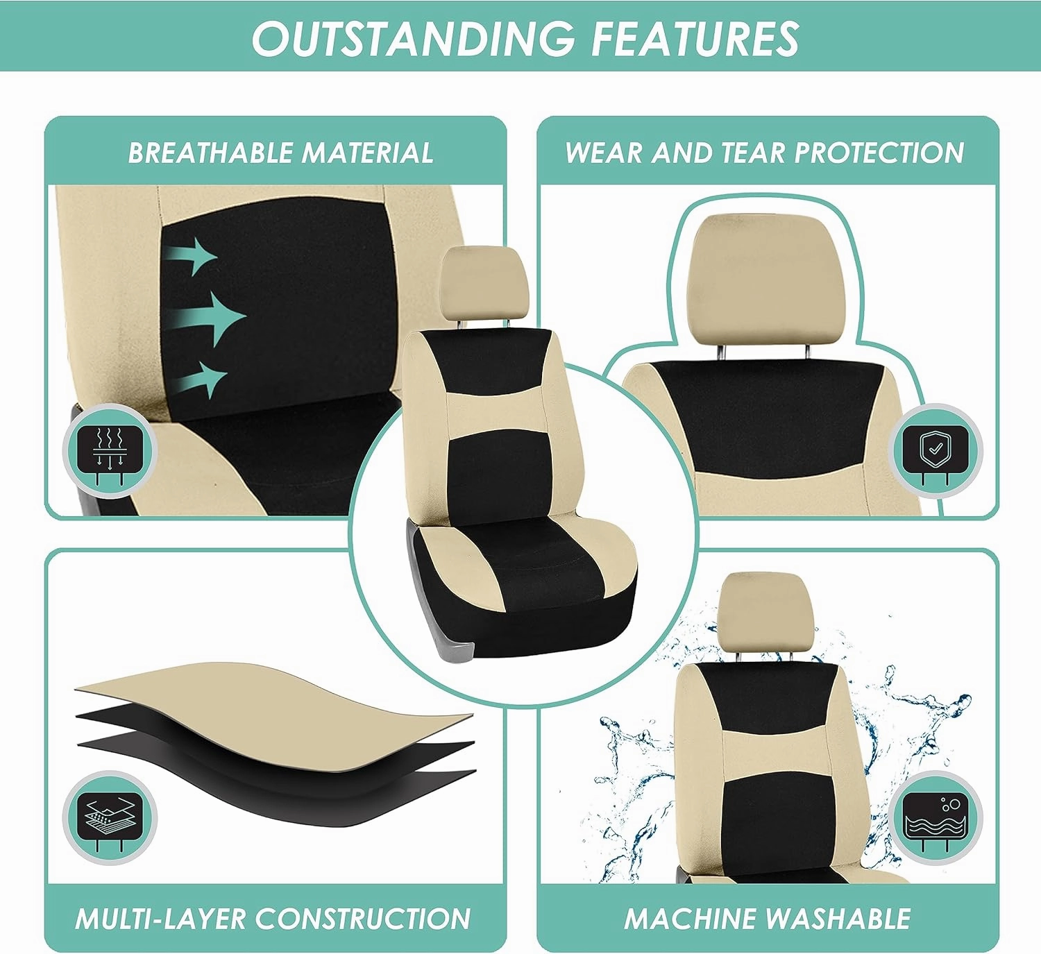 FH Group Car Seat Covers Front Set Cloth - SeatCovers for Low Back Car Seats with Removable Headrest,Universal Fit,Automotive SeatCover,Airbag Compatible Car SeatCover for SUV,Sedan,Van Beige
