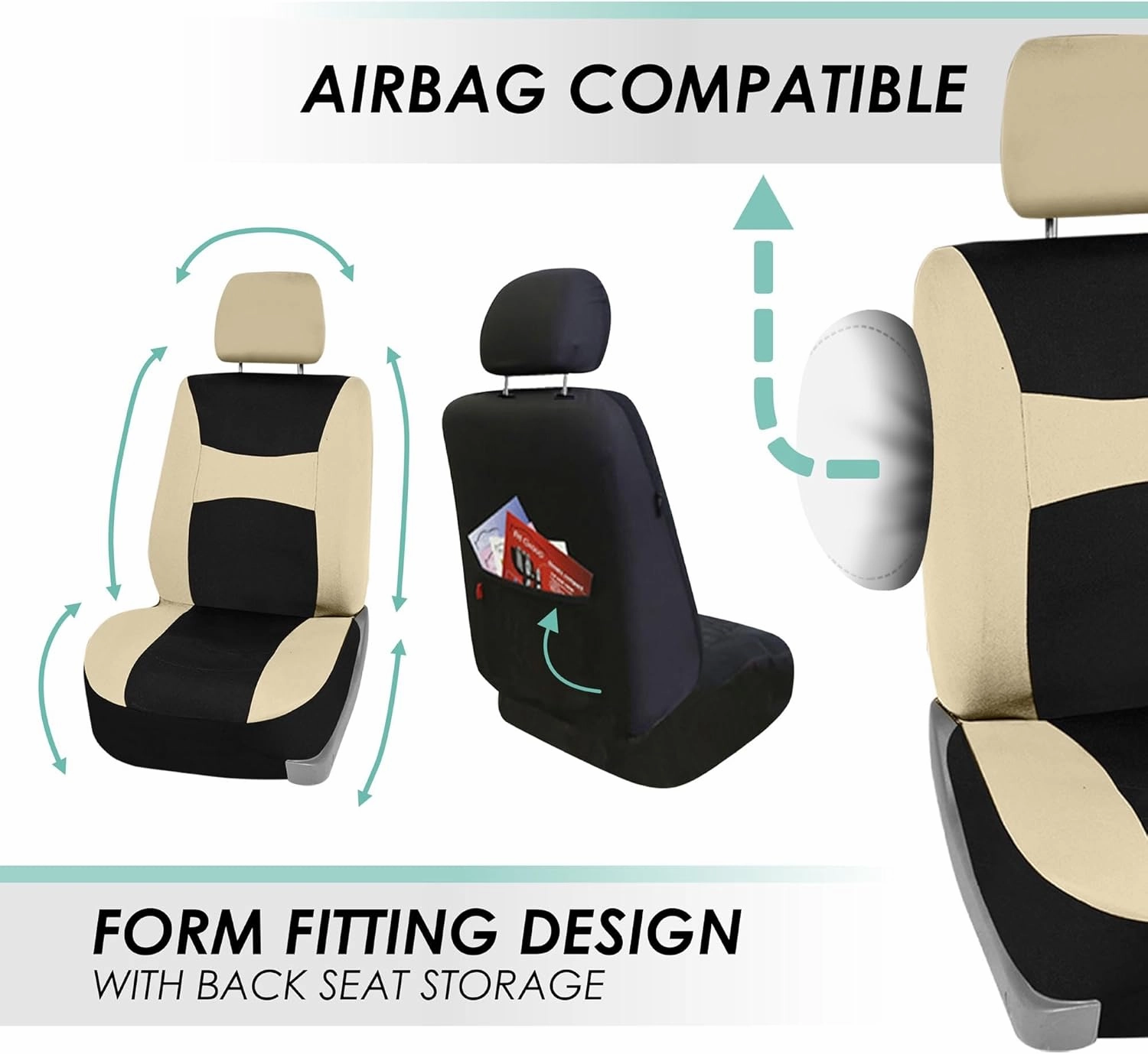 FH Group Car Seat Covers Front Set Cloth - SeatCovers for Low Back Car Seats with Removable Headrest,Universal Fit,Automotive SeatCover,Airbag Compatible Car SeatCover for SUV,Sedan,Van Beige
