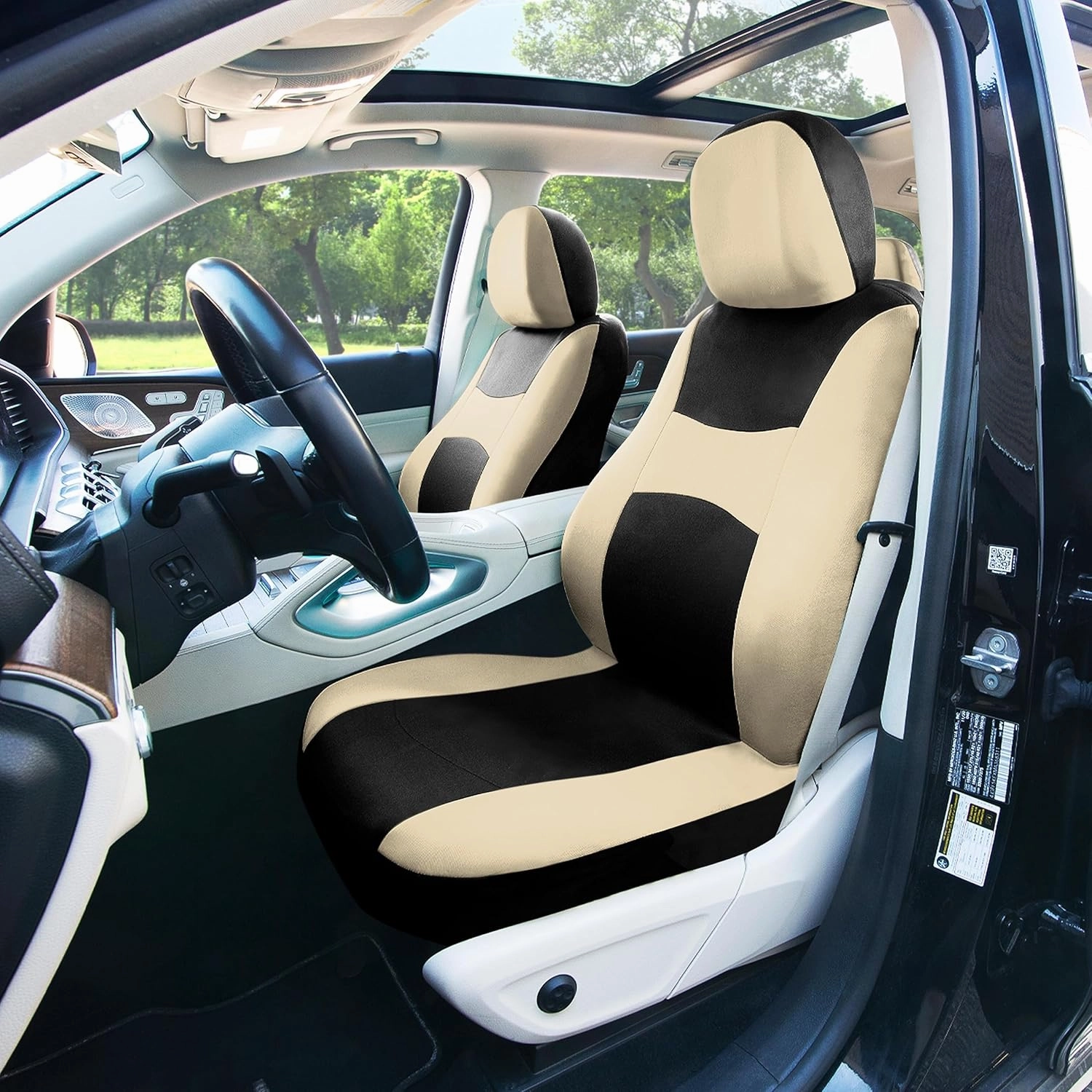 FH Group Car Seat Covers Front Set Cloth - SeatCovers for Low Back Car Seats with Removable Headrest,Universal Fit,Automotive SeatCover,Airbag Compatible Car SeatCover for SUV,Sedan,Van Beige