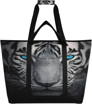 Fierce White Tiger Reusable Insulated Lunchbox Cooler Bag, Leakproof Kitchen Grocery Bag Collapsible Portable Cooler Tote Bag for Picnic, Camping, Office, Travel