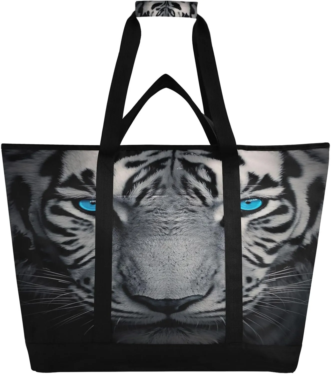 Fierce White Tiger Reusable Insulated Lunchbox Cooler Bag, Leakproof Kitchen Grocery Bag Collapsible Portable Cooler Tote Bag for Picnic, Camping, Office, Travel