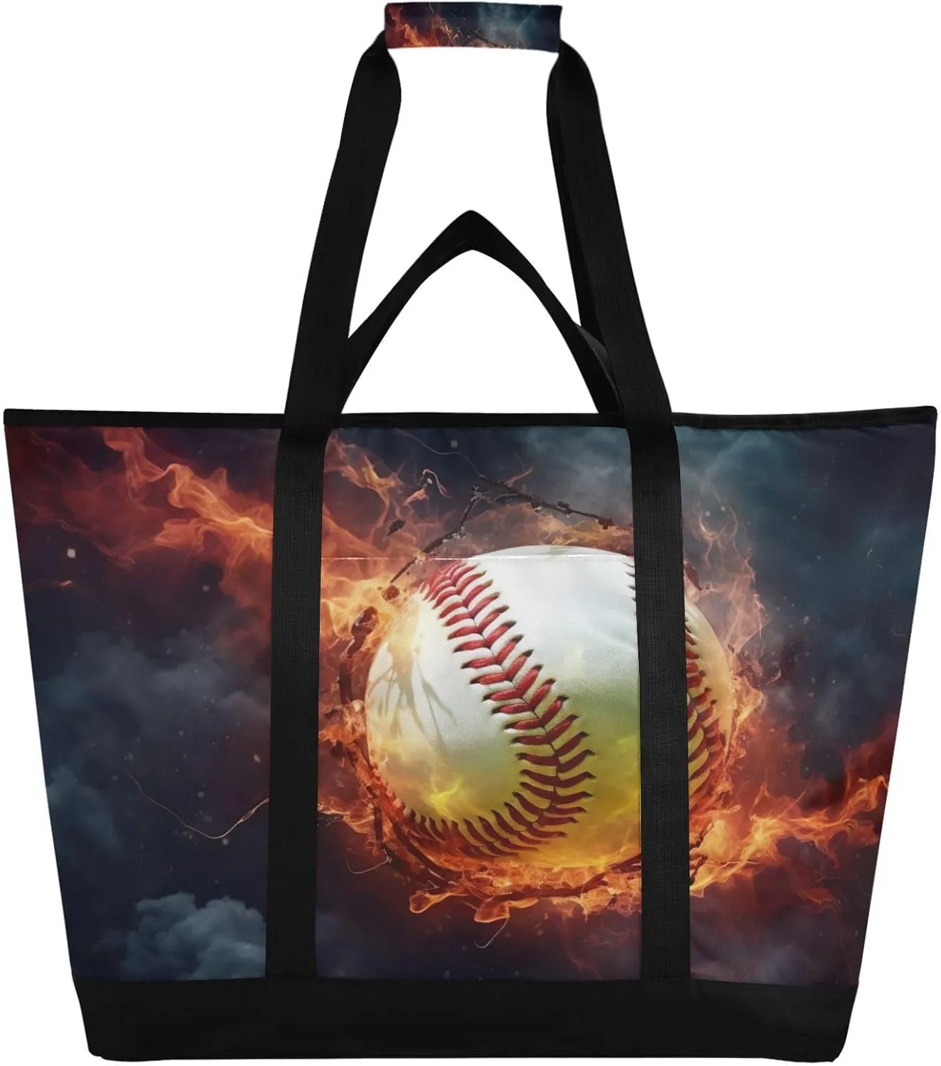 Fire Baseball Reusable Insulated Lunchbox Cooler Bag, Leakproof Kitchen Grocery Bag Collapsible Portable Cooler Tote Bag for Picnic, Camping, Office, Travel