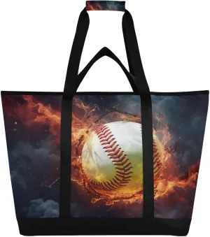 Fire Baseball Reusable Insulated Lunchbox Cooler Bag, Leakproof Kitchen Grocery Bag Collapsible Portable Cooler Tote Bag for Picnic, Camping, Office, Travel