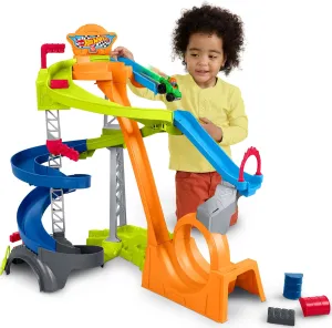 Fisher-Price Little People Toddler Toy Hot Wheels Spiral Stunt Speedway Race Track Playset with 2 Cars for Pretend Play Kids Ages 18  Months