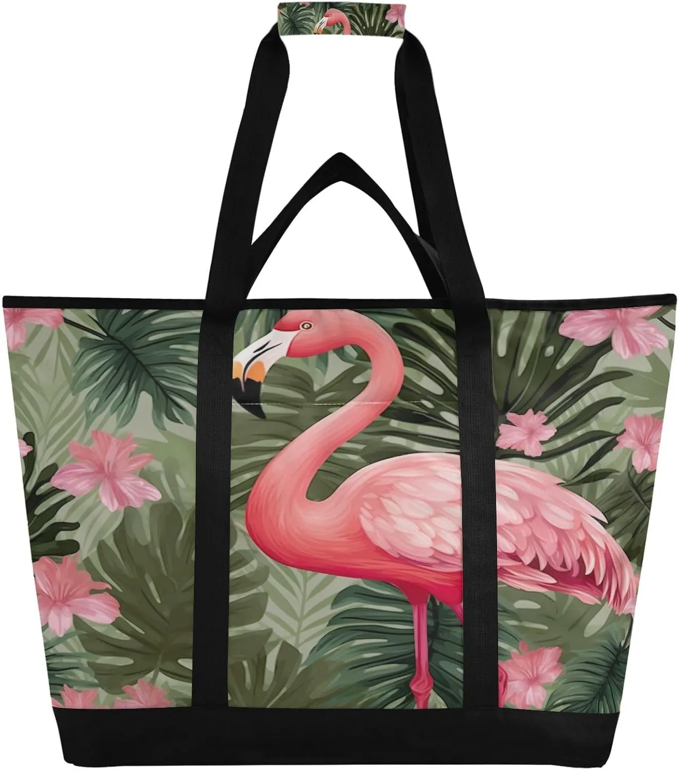 Flamingos Palm Flower Reusable Insulated Lunchbox Cooler Bag, Leakproof Kitchen Grocery Bag Collapsible Portable Cooler Tote Bag for Picnic, Camping, Office, Travel