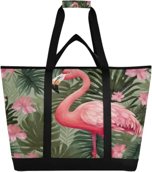 Flamingos Palm Flower Reusable Insulated Lunchbox Cooler Bag, Leakproof Kitchen Grocery Bag Collapsible Portable Cooler Tote Bag for Picnic, Camping, Office, Travel
