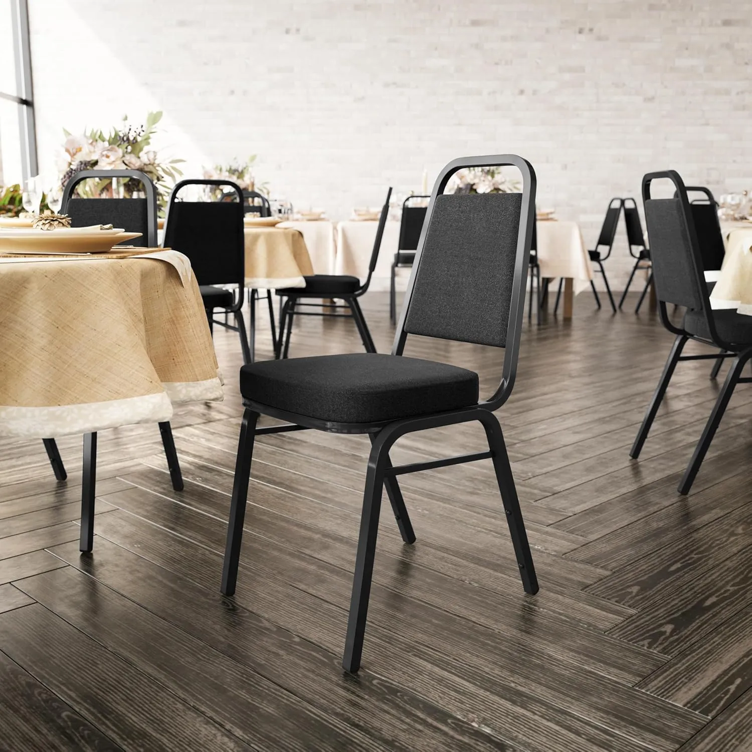 Flash Furniture 4 Pack Hercules Series Trapezoidal Back Stacking Banquet Chair with 2.5" Thick Seat in Black Fabric - Black Frame