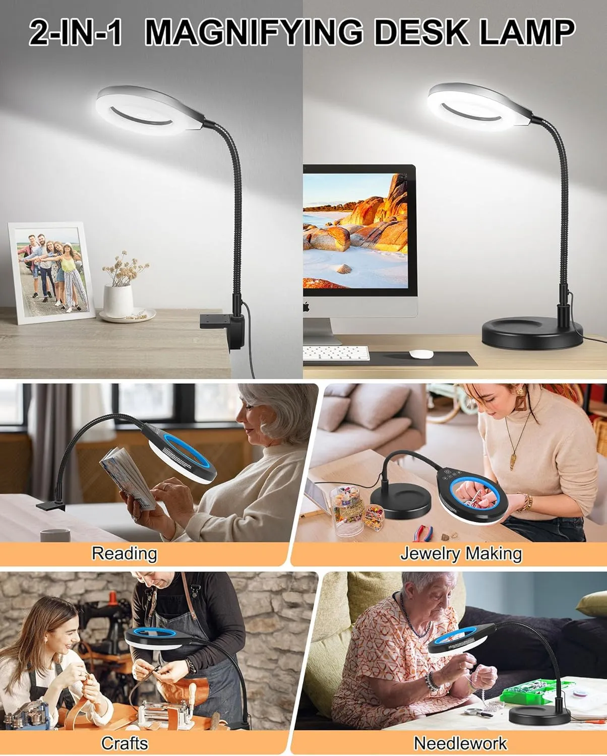 ​Flexible Gooseneck 2-in-1 Magnifying Glass with Light and Stand,10x & 5x Real Glass Lens Magnifying Lamp, 5 Color Stepless Hands-Free LED Desk Lamp with Clamp for Painting, Crafts, Reading (Blue)