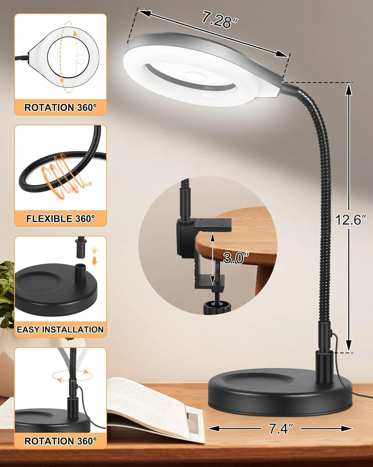 ​Flexible Gooseneck 2-in-1 Magnifying Glass with Light and Stand,10x & 5x Real Glass Lens Magnifying Lamp, 5 Color Stepless Hands-Free LED Desk Lamp with Clamp for Painting, Crafts, Reading (Blue)