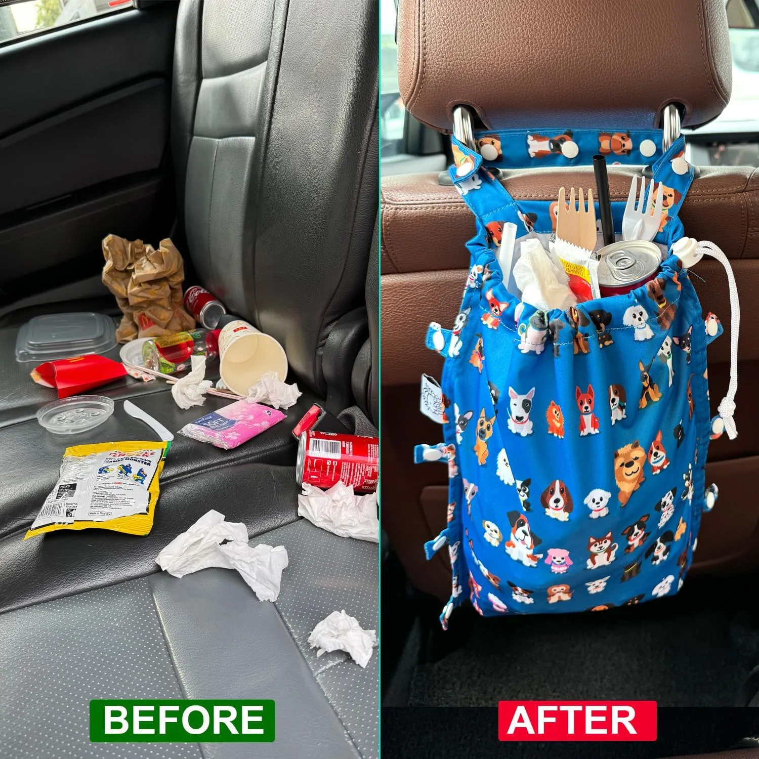 FLOCK THREE Leak-Proof Waterproof Car Trash Bag Foldable Multipurpose Trash bin Container Storage Cute Grocery Organizer Bag for Automotive Front or Back Seat in Cars SUVs and Trucks (Dog Family)