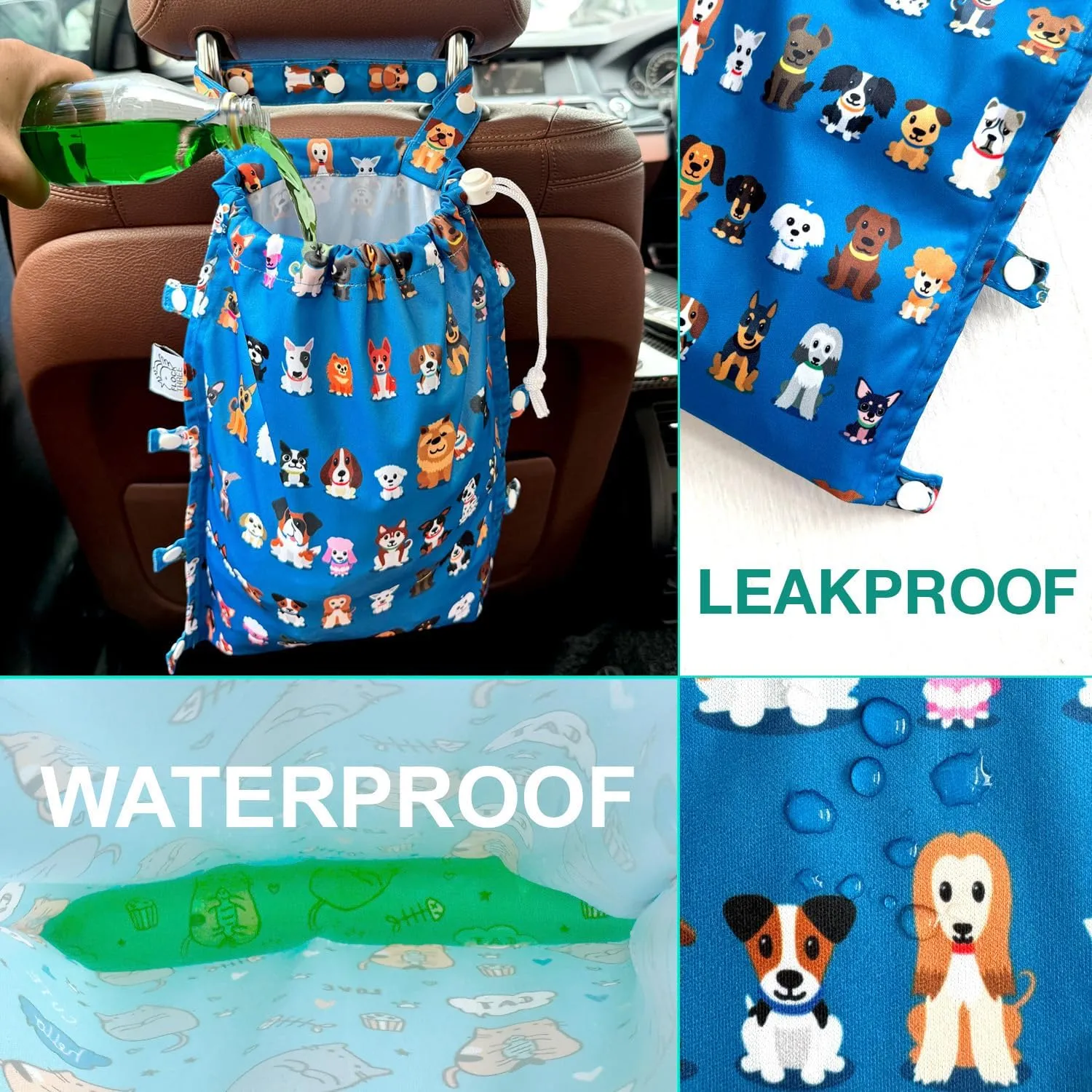 FLOCK THREE Leak-Proof Waterproof Car Trash Bag Foldable Multipurpose Trash bin Container Storage Cute Grocery Organizer Bag for Automotive Front or Back Seat in Cars SUVs and Trucks (Dog Family)
