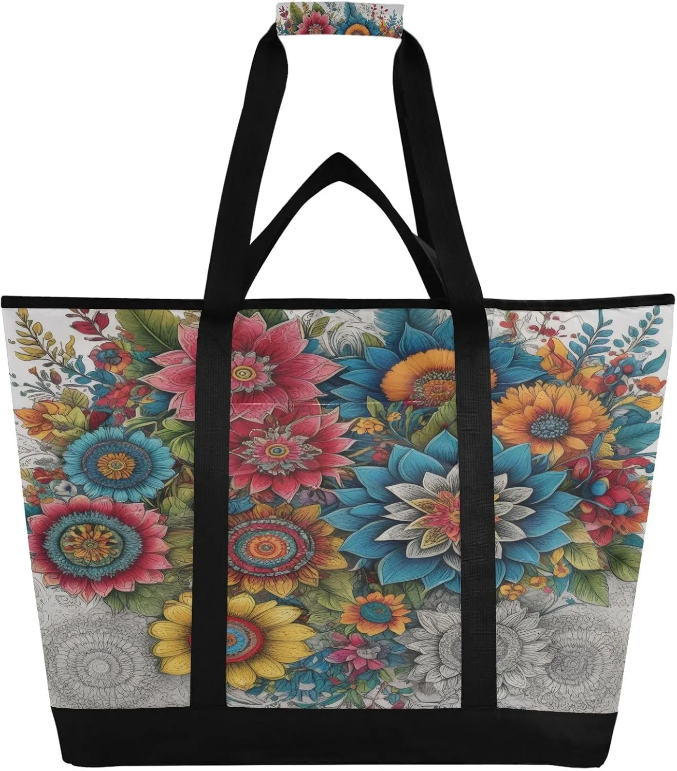 Floral with Greenery Leaves Reusable Insulated Lunchbox Cooler Bag, Leakproof Kitchen Grocery Bag Collapsible Portable Cooler Tote Bag for Picnic, Camping, Office, Travel