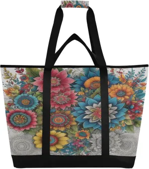Floral with Greenery Leaves Reusable Insulated Lunchbox Cooler Bag, Leakproof Kitchen Grocery Bag Collapsible Portable Cooler Tote Bag for Picnic, Camping, Office, Travel