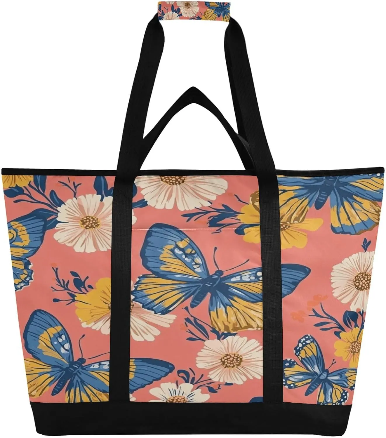 Flower Butterfly Reusable Insulated Lunchbox Cooler Bag, Leakproof Kitchen Grocery Bag Collapsible Portable Cooler Tote Bag for Picnic, Camping, Office, Travel