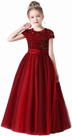 Flower Girl Dresses Wedding Bridesmaid Sequins Tulle Puffy Skirt Girls Birthday Party Pageant Gown Floor Length