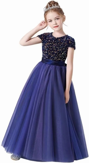 Flower Girl Dresses Wedding Bridesmaid Sequins Tulle Puffy Skirt Girls Birthday Party Pageant Gown Floor Length
