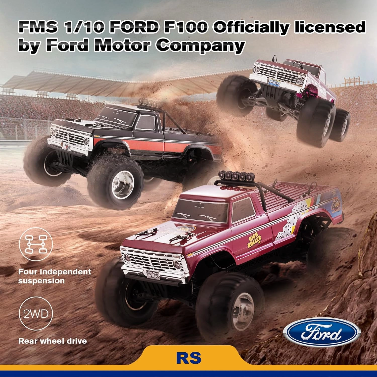 FMS 1/10 RC Truck Ford F100 – 2WD Monster Truck with Licensed Body, 550 Brushed Motor, Oil Shocks, Independent Suspension – All-Terrain RC Crawler, High Speed Off-Road RC Car for gift (BLACK RS)
