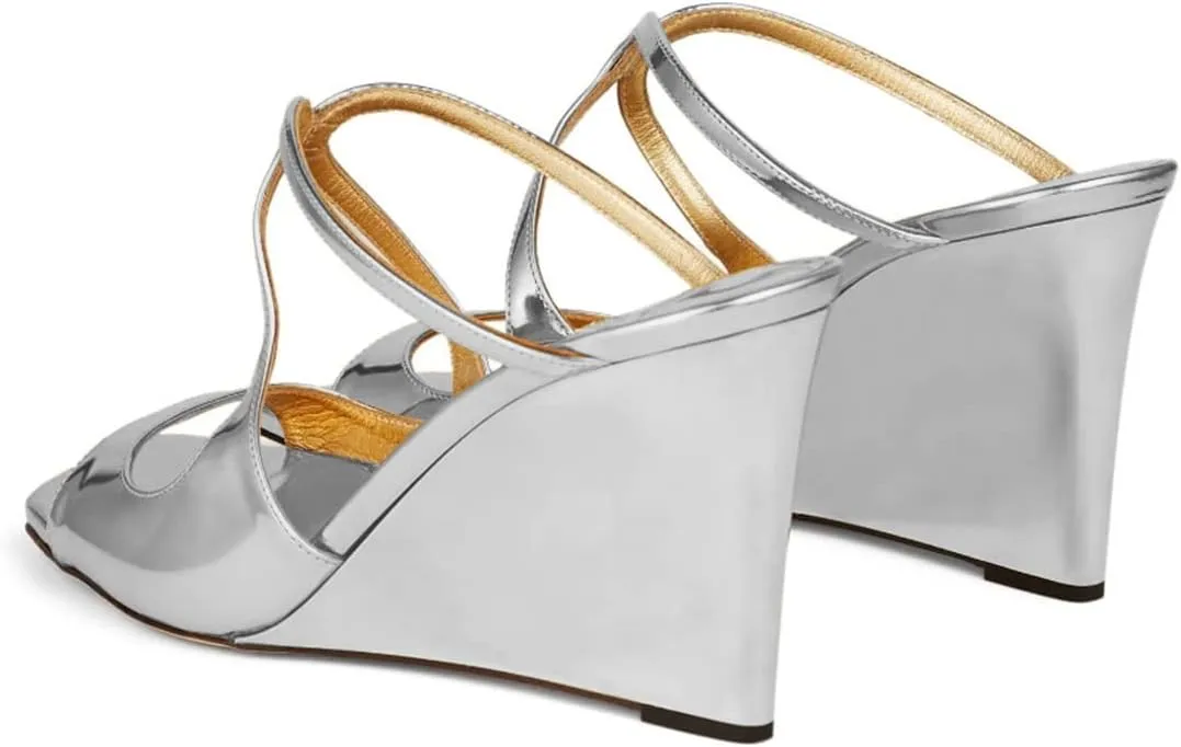 FOWT Women Open Square Toe Wedge Sandals Cutout Strappy High Heel Slide Mules Dress Summer Outfit Shoes Size 4-15 US