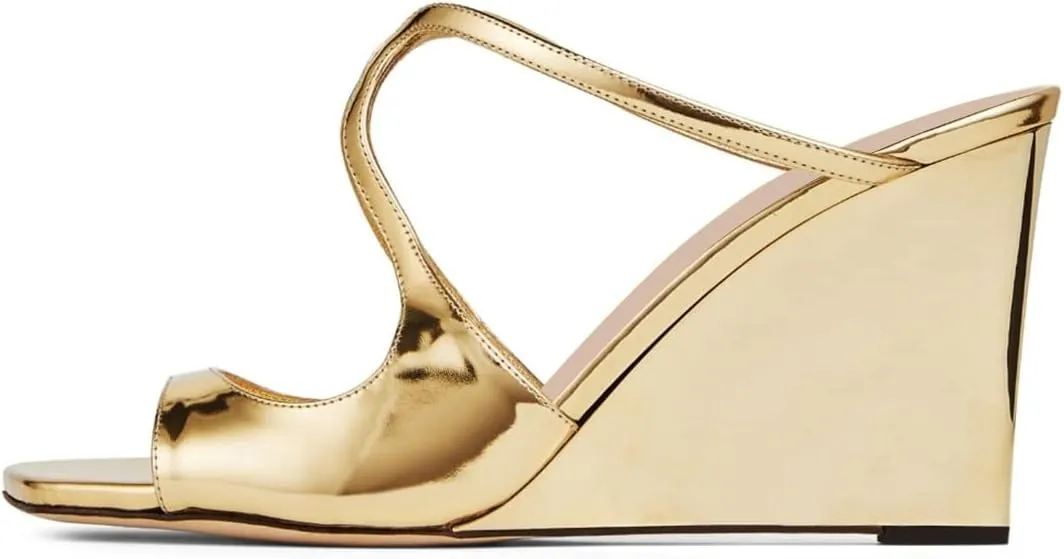 FOWT Women Open Square Toe Wedge Sandals Cutout Strappy High Heel Slide Mules Dress Summer Outfit Shoes Size 4-15 US