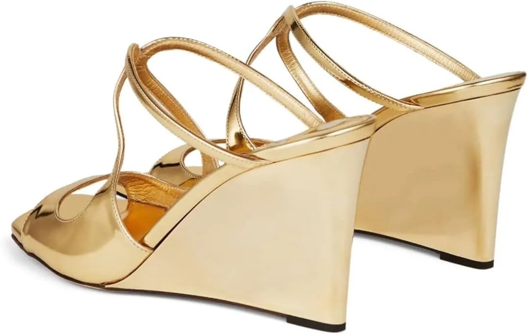 FOWT Women Open Square Toe Wedge Sandals Cutout Strappy High Heel Slide Mules Dress Summer Outfit Shoes Size 4-15 US