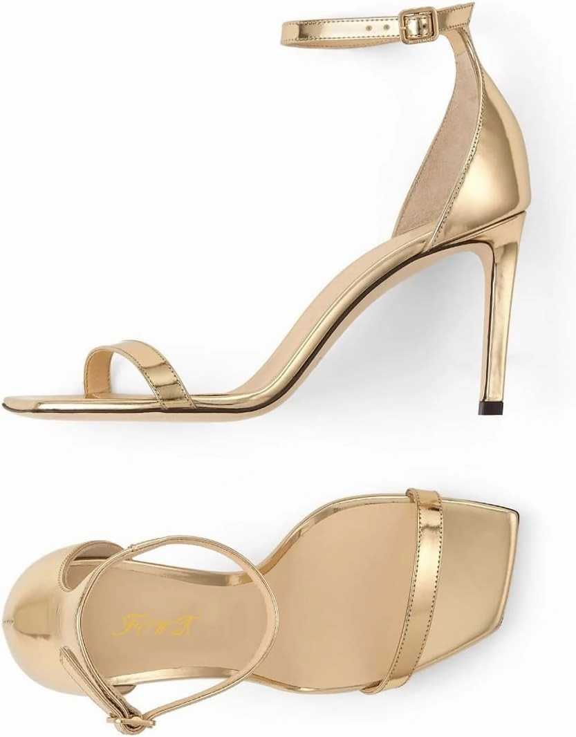 FOWT Women Glitter Ankle Strap Heeled Sandals Classic Square Open Toe Stiletto High Heels Buckle Party Wedding Bridal Summer Dress Shoes Size 4-15 US