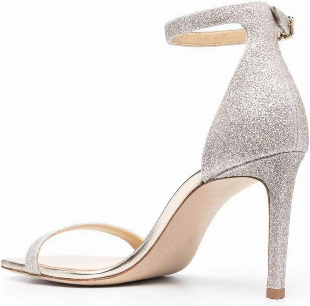 FOWT Women Glitter Ankle Strap Heeled Sandals Classic Square Open Toe Stiletto High Heels Buckle Party Wedding Bridal Summer Dress Shoes Size 4-15 US