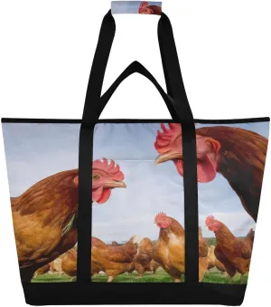 Funny Chicken Farm Reusable Insulated Lunchbox Cooler Bag, Leakproof Kitchen Grocery Bag Collapsible Portable Cooler Tote Bag for Picnic, Camping, Office, Travel